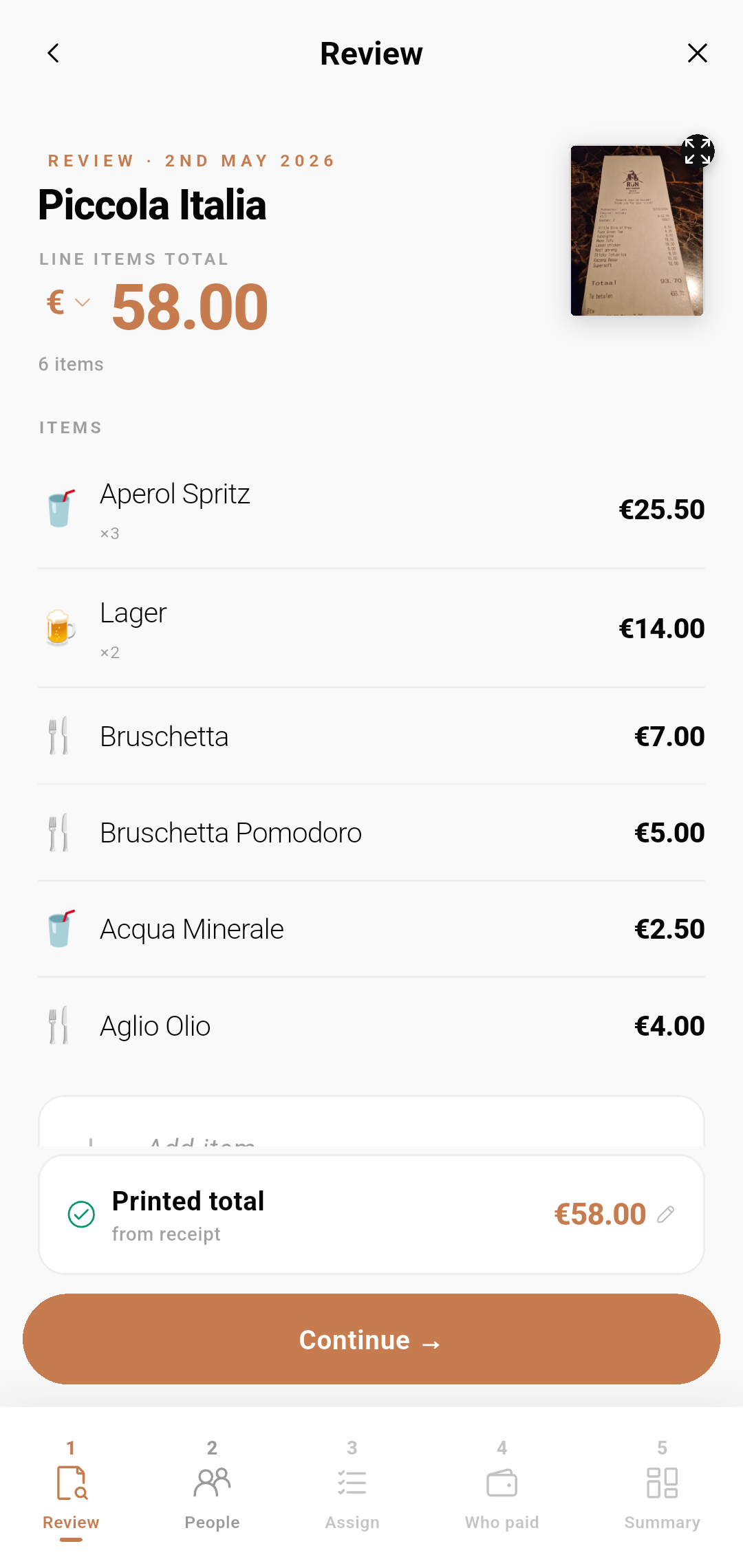 Receipt review screen showing extracted line items