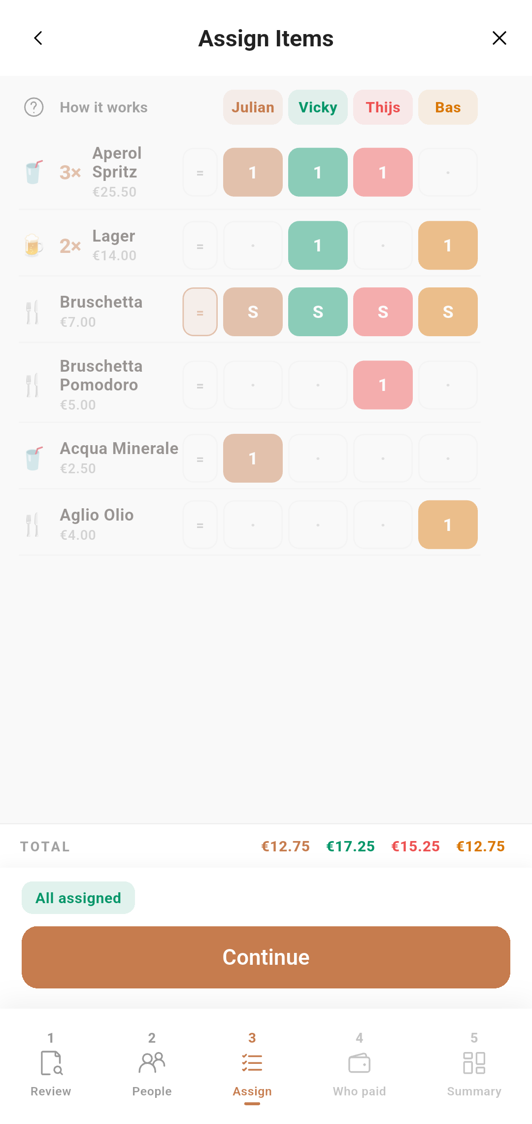 Item assignment screen — people tap the items they ordered